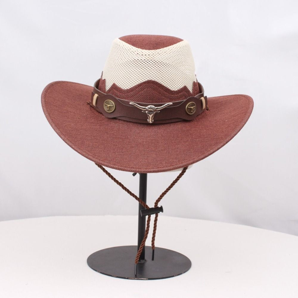 Chapéu de Cowboy Ocidental de Aba Larga Estilo Étnico Viseira Boné Balde Protetor Solar Chapéu de Cavaleiro de Malha Proteção Solar Chapéu de Pescador Viagem