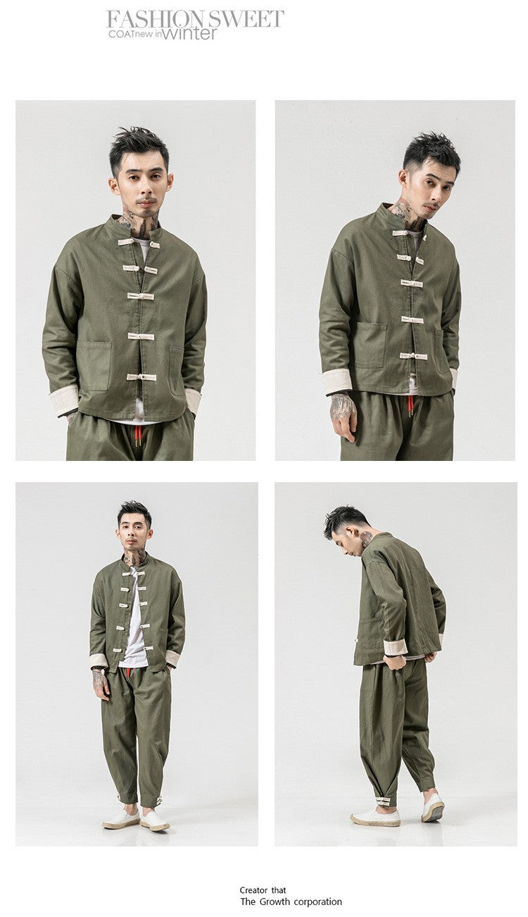 Chinese Wind Cotton Buckle Large Men's Casual Jacket Jacket Retro Stand-up Collar Tang Suit Top Batch