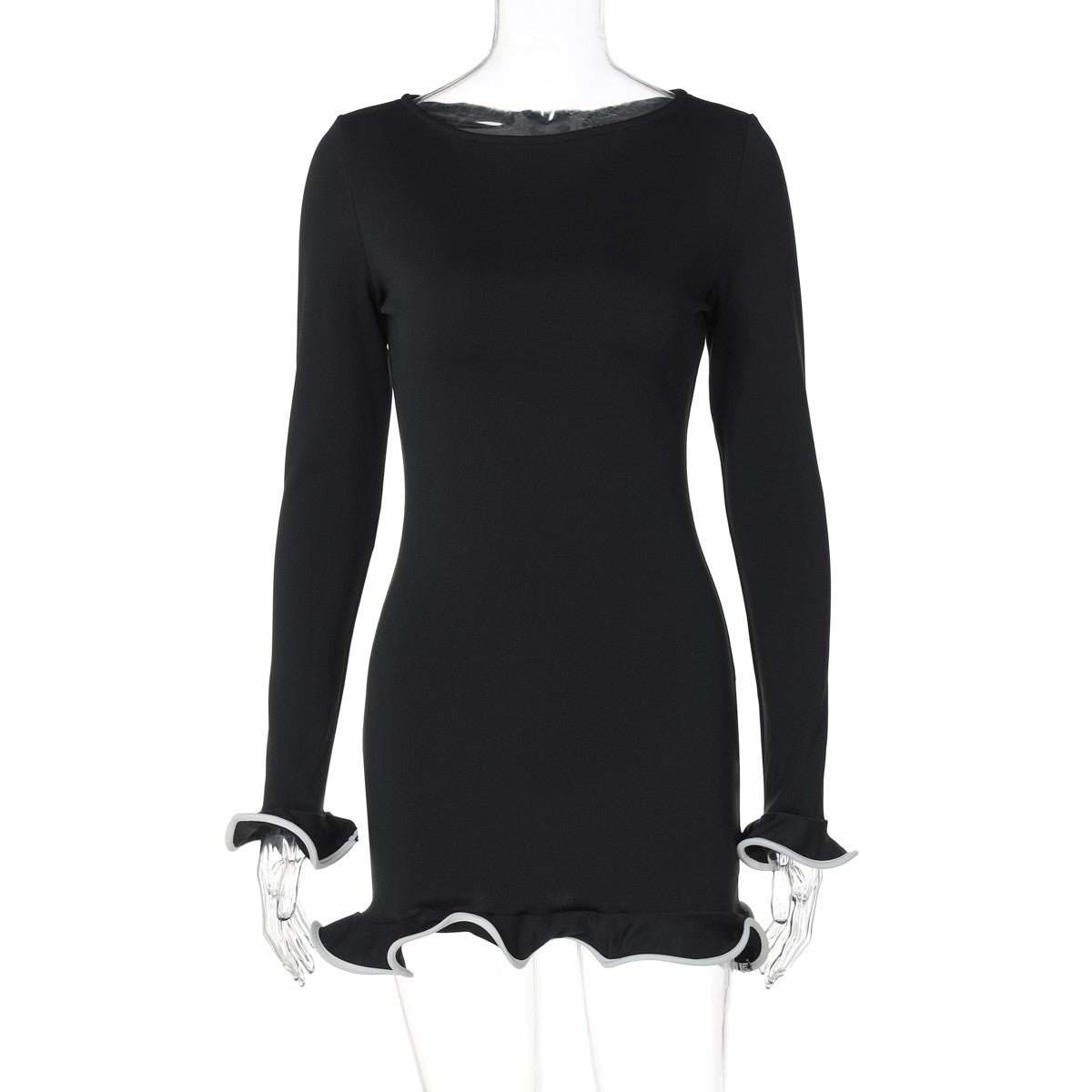Dulzura O-Neck Long Sleeves Ruffles Patchwork Bodycon Mini Dress Sexy Elegant Ou
