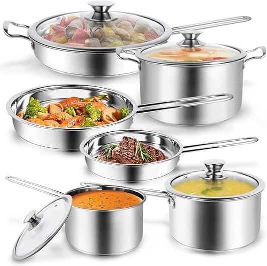 10-Piece Pots and Pans Set, Stainless Steel Cookware Set- Includes Ergonomic Handle Saucepans, Skillets, Dutch Oven, Stockpot, S