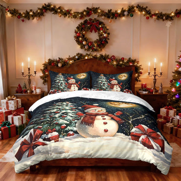 3pcs Christmas snowman reindeer red print coreless duvet set multi size bedroom bedding holiday decoration soft machine washable