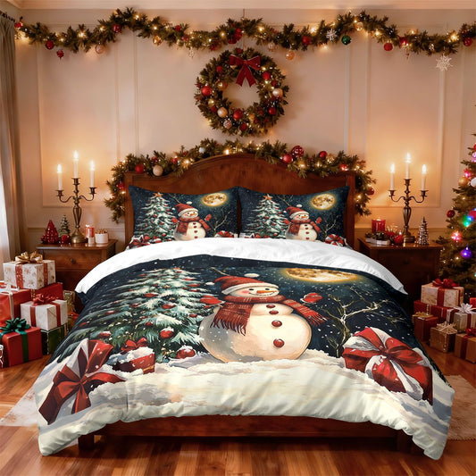 3pcs Christmas snowman reindeer red print coreless duvet set multi size bedroom bedding holiday decoration soft machine washable