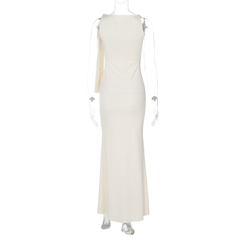 Hugcitar Fashion Solid O Neck Sleeveless Patchwork Sexy Bodycon Maxi Prom Dress