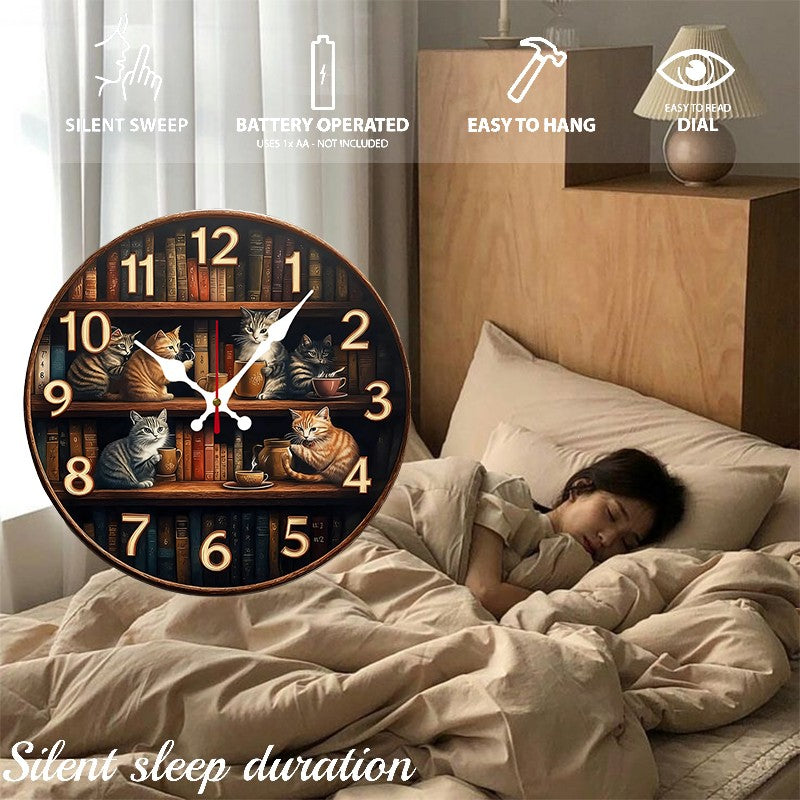 Bookshelf With Cats Wooden Round Silent Hanging Wall Clock, Suitable For Living Room, Office,Study Room,Bedroom, Home Decoration