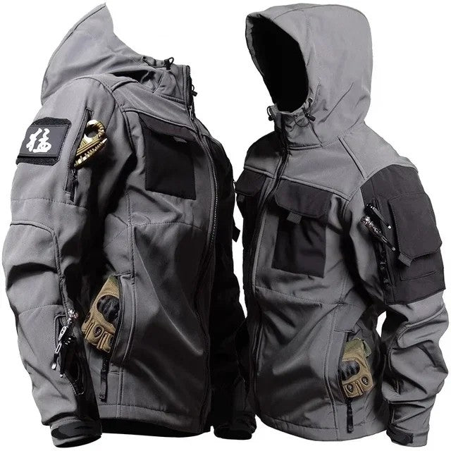 Tactical Hooded Jackets Men Thicken Soft Shell Waterproof Windproof Mens Coat Outdoor Hiking Safari Multi-pocket Fleece Outwear