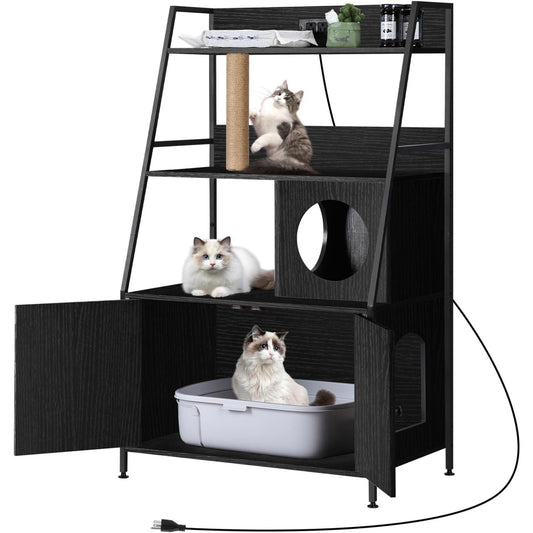 Caixa de Areia para Gatos com Estação de Carregamento e Prateleiras - Móvel Alto Escondido com Ajuste Universal, Armário de Armazenamento (Preto)