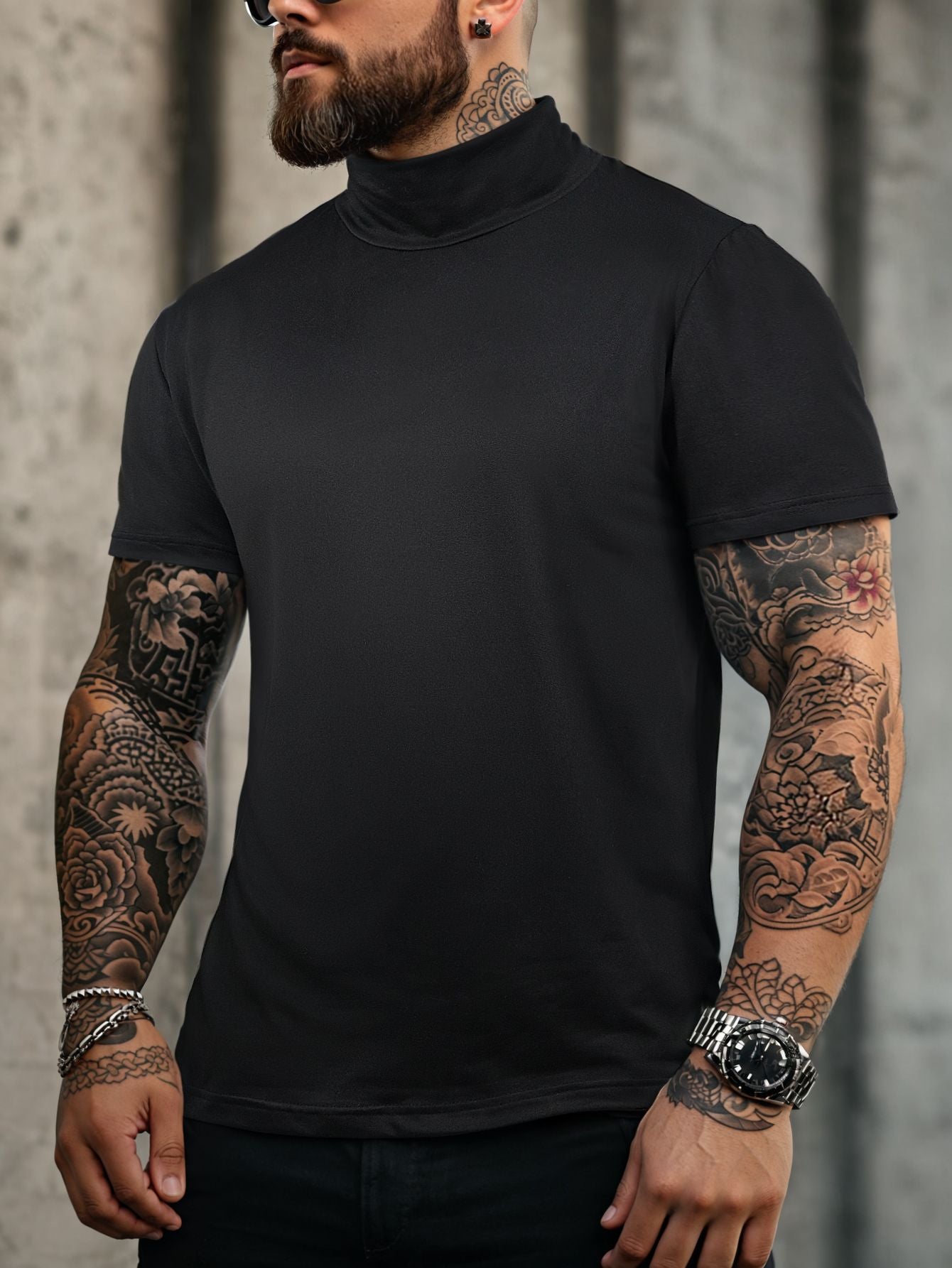 New Bottom Shirt Tees Tops Men Summer Casual Sports Workout Daily Plain High Neck Short Sleeve T-shirt Male Streetwear Clothes