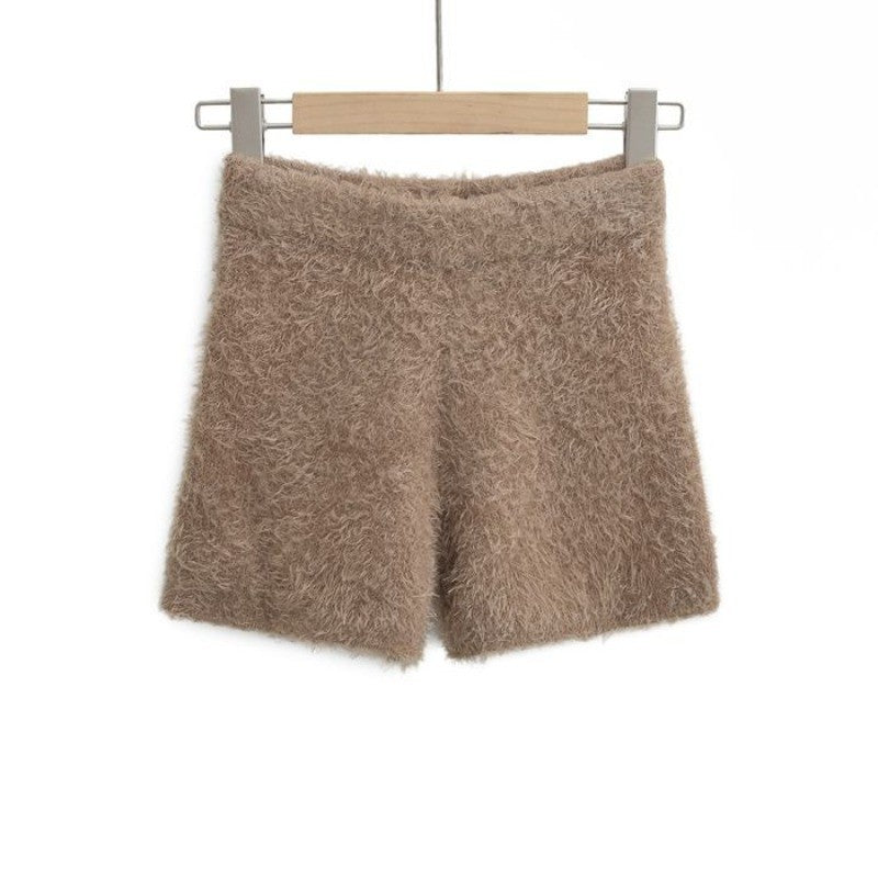 Women's Autumn Winter Faux Mink Hair Shorts Sweet Soft High Waist Slim Hairy Elasticity Shorts Fashion Knitting Homewear Shorts