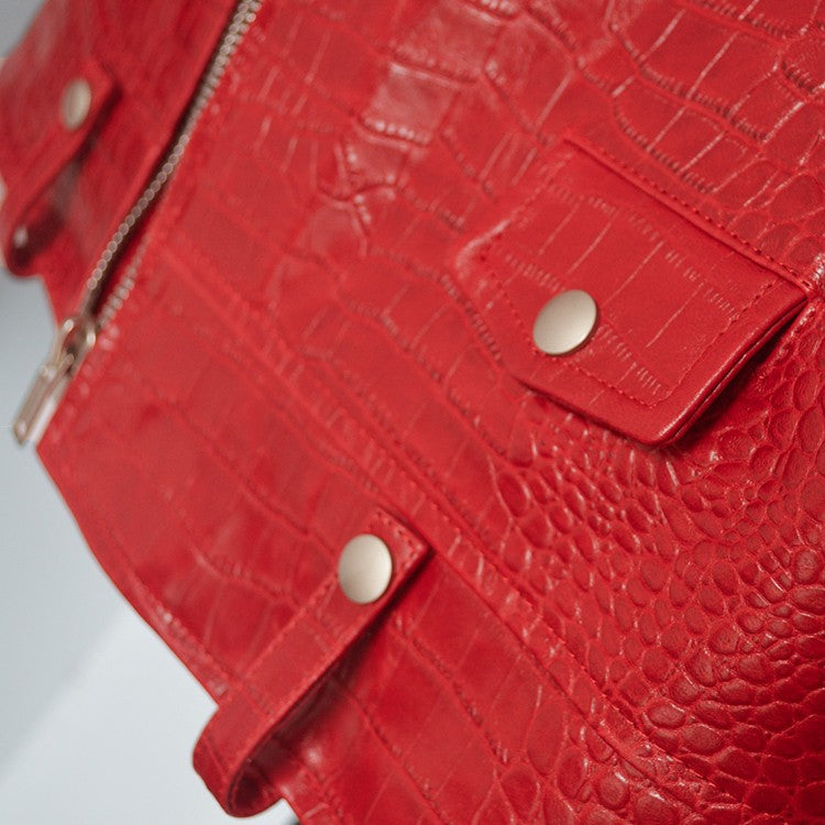 Mauroicardi Spring Red Crocodile Pattern Faux Leather Biker Jacket Long Sleeve Zipper Plus Size Designer Men Clothing 4xl 5xl