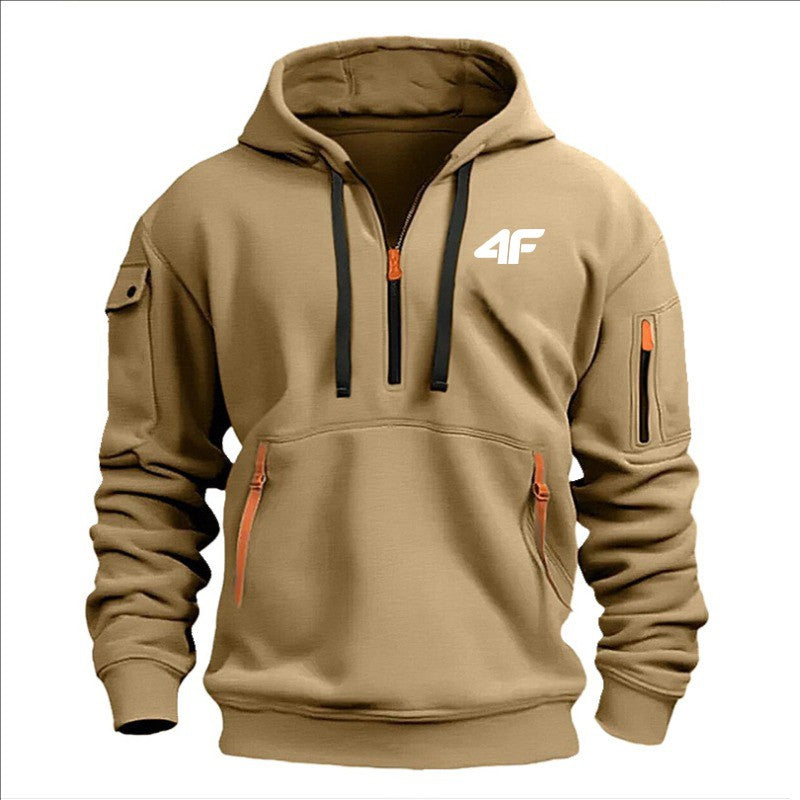 2025 Men's hooded sweater casual sports jumper vintage Harajuku long sleeve zipper multi-pocket casual loose coat Street