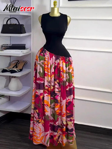 Mlaiscsr Elegant Printed Black Patchwork Maxi Dress O-Neck Sleeveless Bodycon A-Line for Women Birthday Evening Wedding Robe