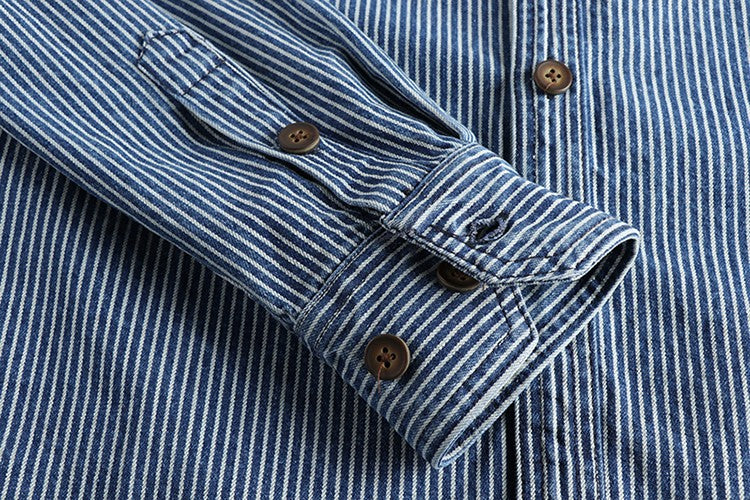 Yarn-dyed striped fabric washed to make old vintage cargo denim shirt for men European and American fashion casual shirt coat