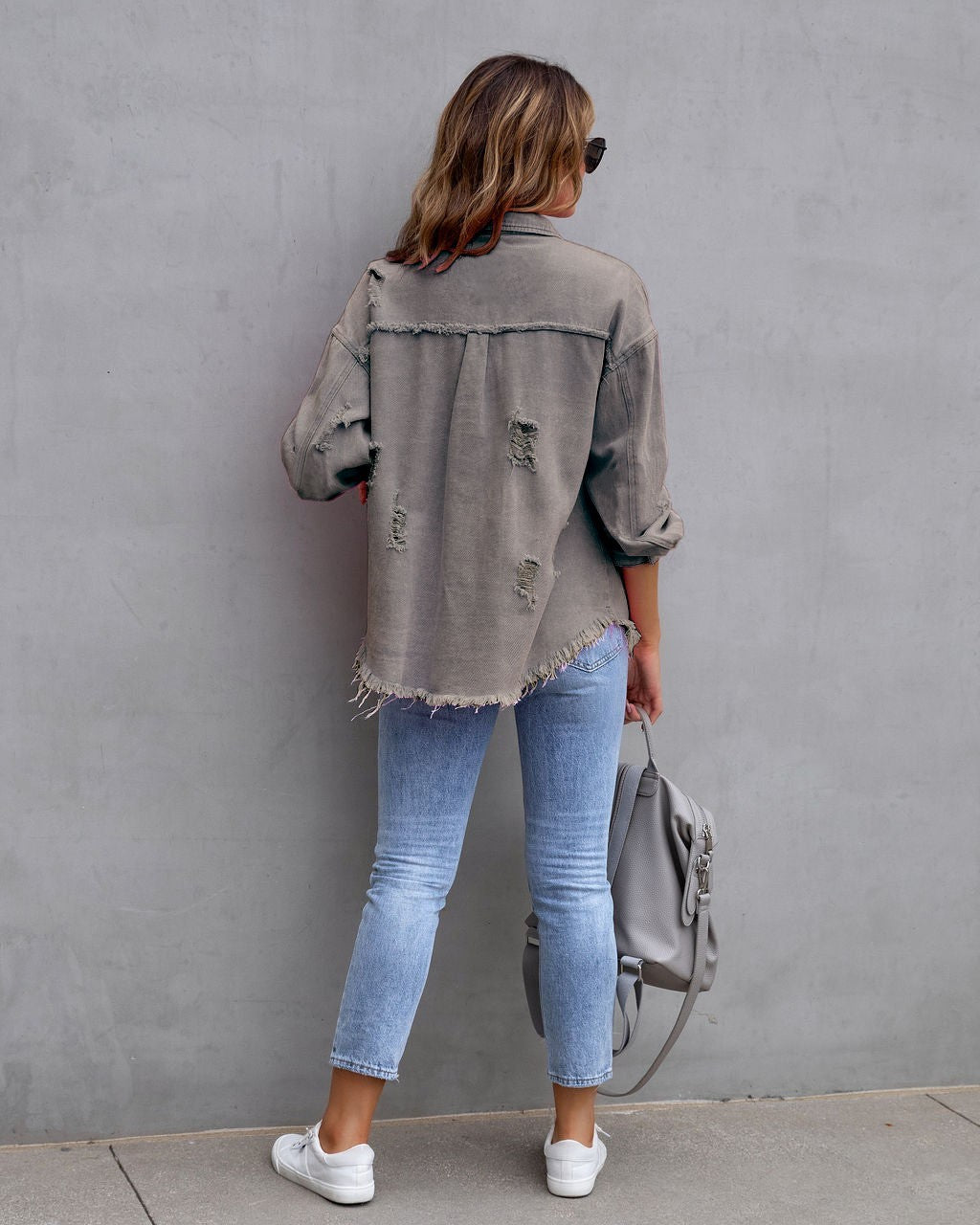 Autumn Winter Women's New Denim Jacket Fashion Grinding Edge Broken Hole Hollow Long Sleeve Single Breasted Casual Collar Top