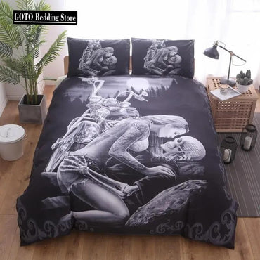 Lovers Skull Duvet Cover Sets black King Queen Size Bed Sets Motorcycle Beauty Skull Bedroom Bedding Set for Happy Halloween 638