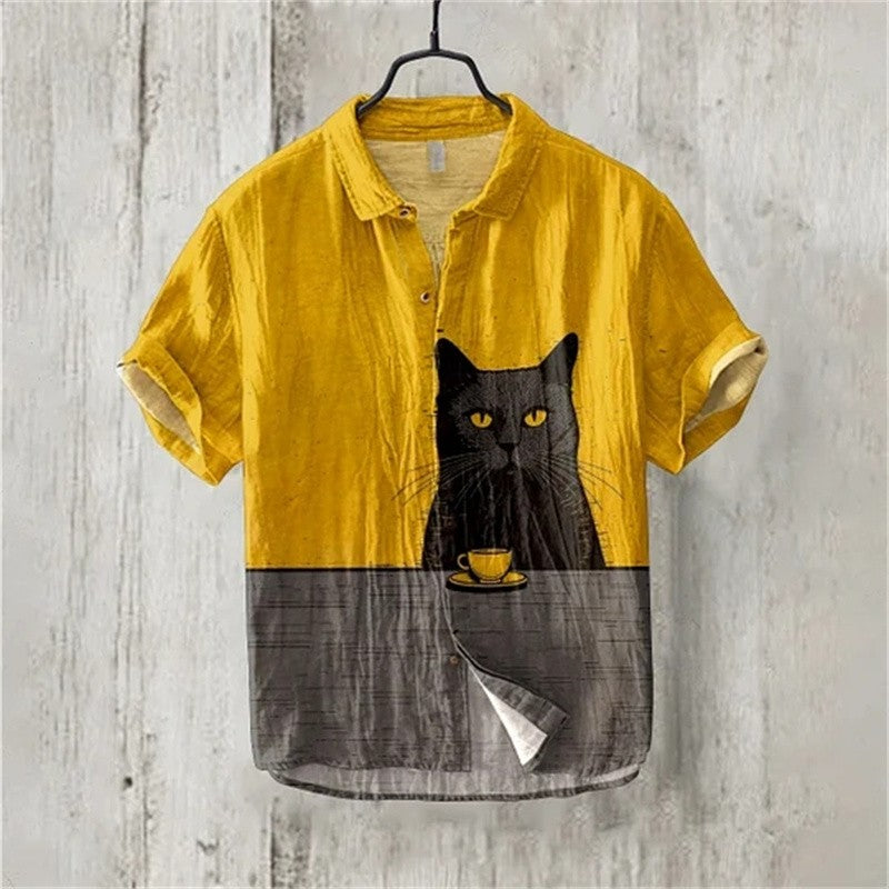 2024 New Men's Short Sleeve Shirt Animal Cat 3D Printed Men's Hawaiian Lapel Top Large Size Casual Comfortable Men's Shirt 5XL