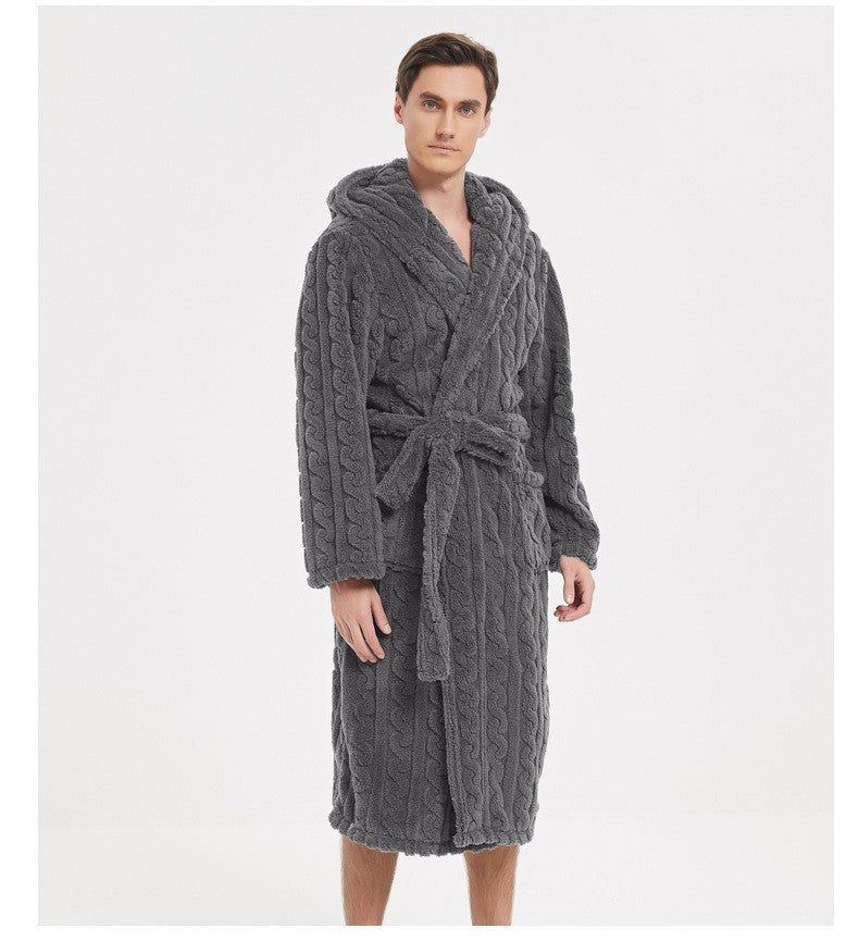 New American Cotton Velvet Jacquard Hooded Men's Dressing Gown with Fleece Thickened Autumn and Winter Couple Dressing Gown