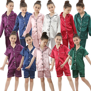 2 to 14 Years Boys Girls Pajamas Sets Kids Silk Satin Top Pant Long/Short Sleeve Solid Pyjamas Suits Nightgown Child Sleepwear