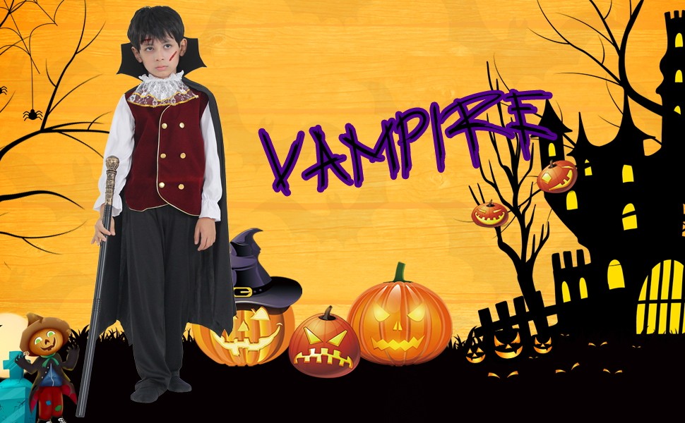 Kids Vampire Cosplay Costume for Boys Men Halloween Carnival Party Costumes with Walking Cane Stickers False Teeth