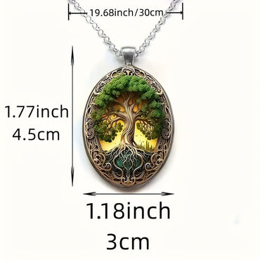 New Fashionable and Elegant Tree of Life Pattern Elliptical Glass Alloy Pendant Necklace Jewelry Wholesale