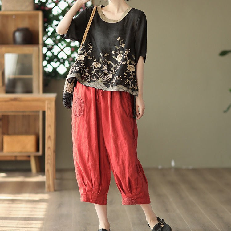 Cotton Linen Embroidered Floral Blouses Women's Chinese Classic Loose Shirt Top Casual Retro O Neck Short Sleeve Summer Shirts