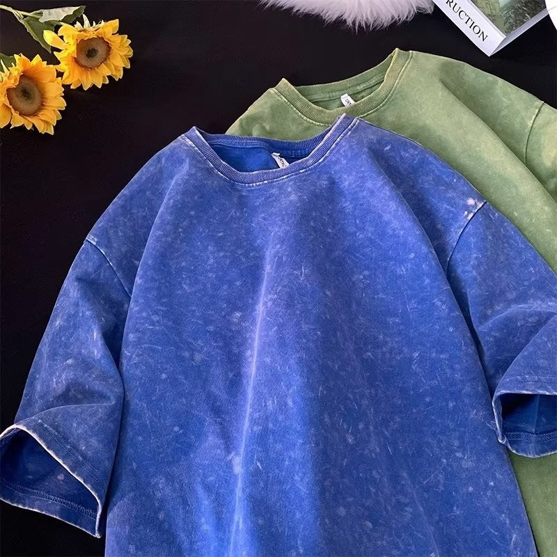 American Style Retro Heavyweight Solid Color Short Sleeved T-shirt Men Women Summer Street Trendy Washed Old Oversized Clothes