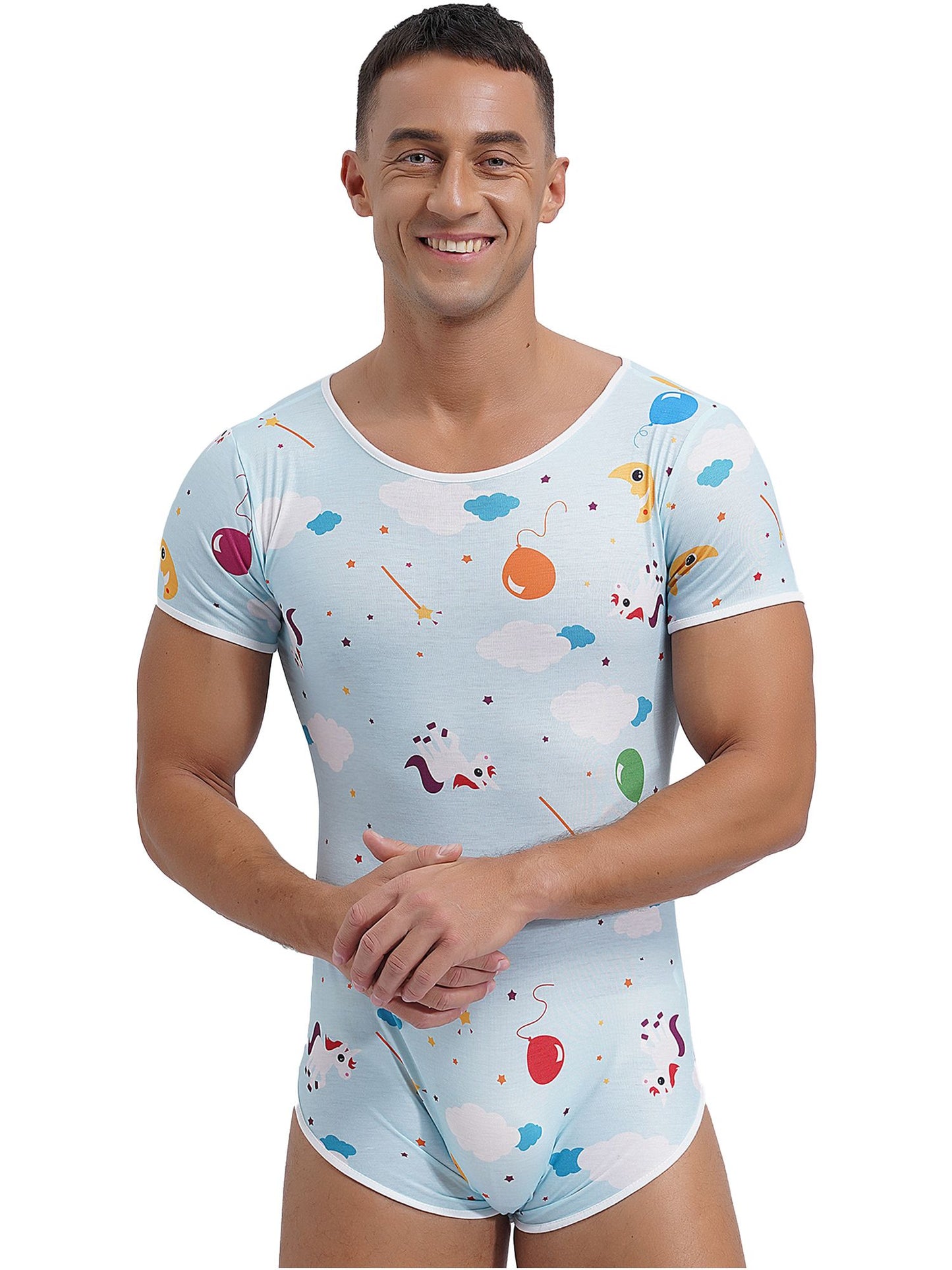 Mens Cute Cartoon Print Bodysuit Sissy Pajamas Short Sleeve Buttoned Crotch Diaper Rompers Gay Male Onesies Sleepwear Loungewear