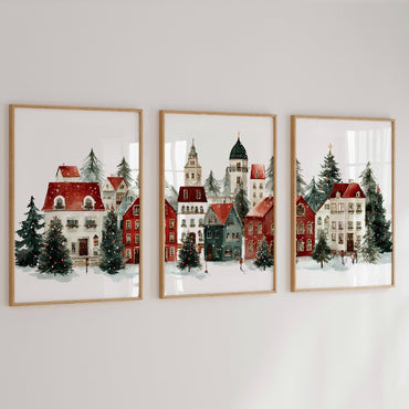 Christmas Village Prints Set of 3 Snowy Winter Town Paintings Christmas Poster Print for Living Room Xmas Santa Decoration