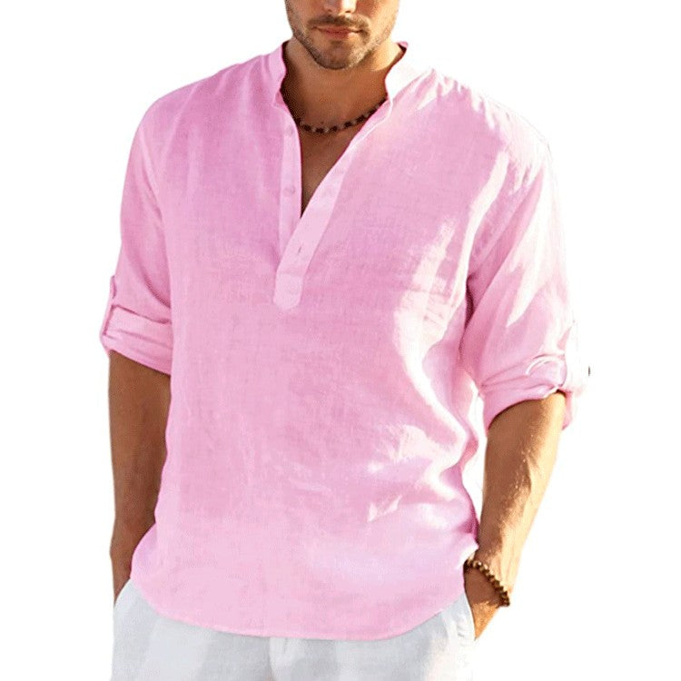 8 Colors!2023 New Linen Shirt Men Brief Breathable Comfy Solid Color Long Sleeve Loose Harajuku Casual Blouse Hawaiian Shirts