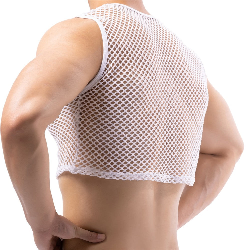 Mens Transparent Fishnet Crop Top Sexy Mesh Hollow Out Tank Tops Gym Fitness Sleeveless Undershirts T-shirts Nightclub Mini Vest