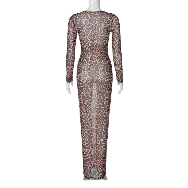 Hugcitar Leopard Print Mesh Long Sleeve Sexy Slim See Through Maxi Dress Fall W