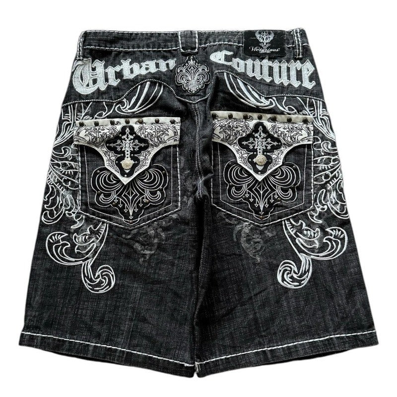 2025 American New Fashion Letter Embroidery Printing Casual Denim Shorts MenY2K Gothic Harajuku Popular Joker Denim Shorts