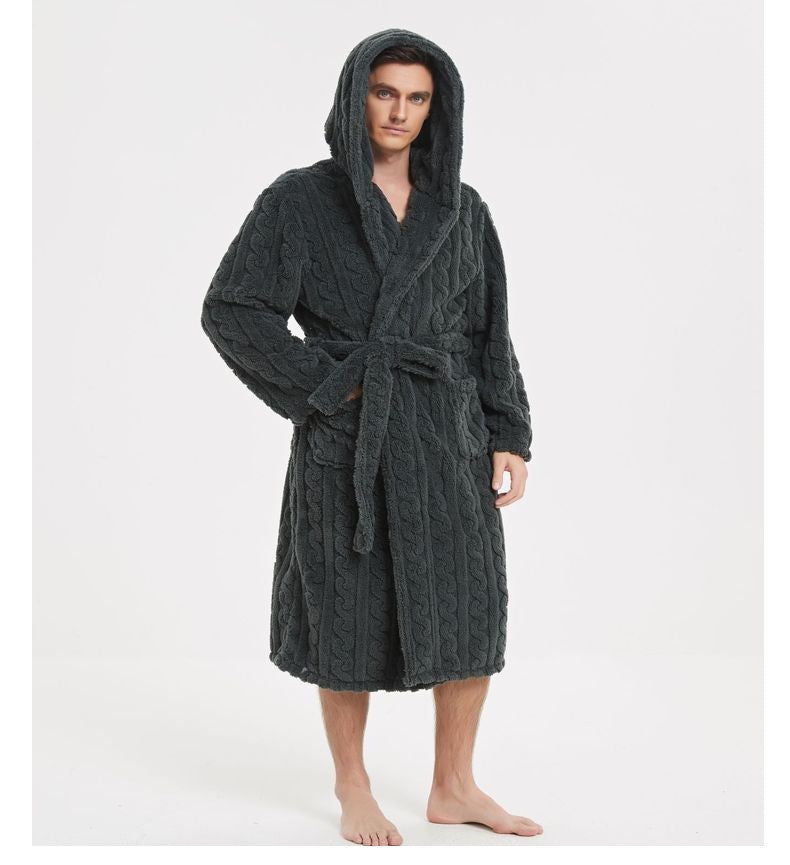 New American Cotton Velvet Jacquard Hooded Men's Dressing Gown with Fleece Thickened Autumn and Winter Couple Dressing Gown