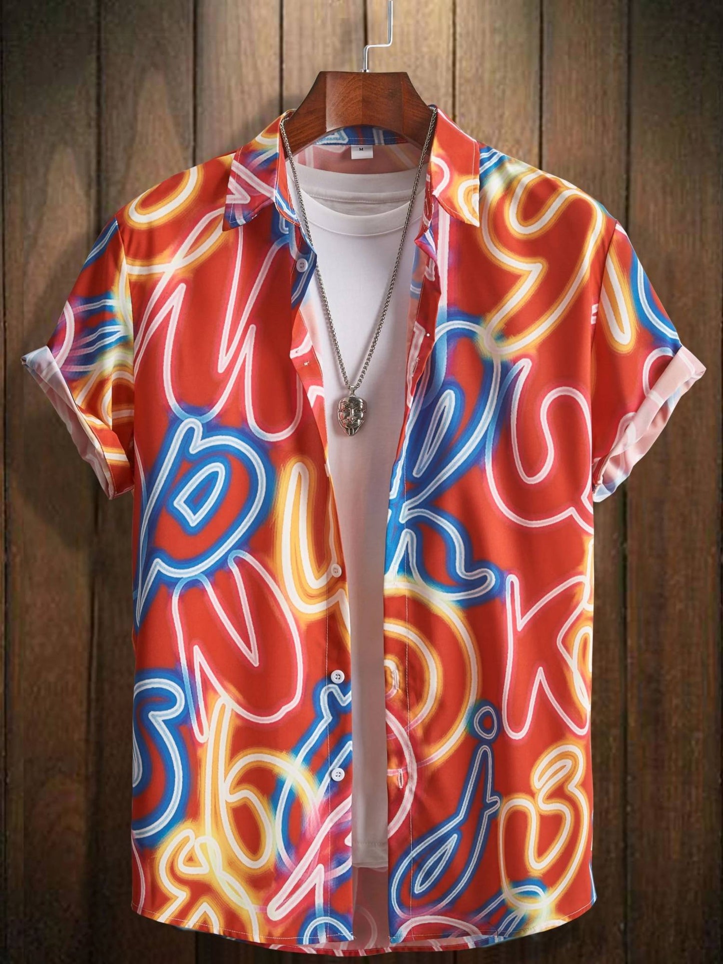 Men's Neon Style Print Lapels Button Up Casual Short Sleeve Shirts Men's Clothing for Summer Hawaii Shirt Men's Streetwear