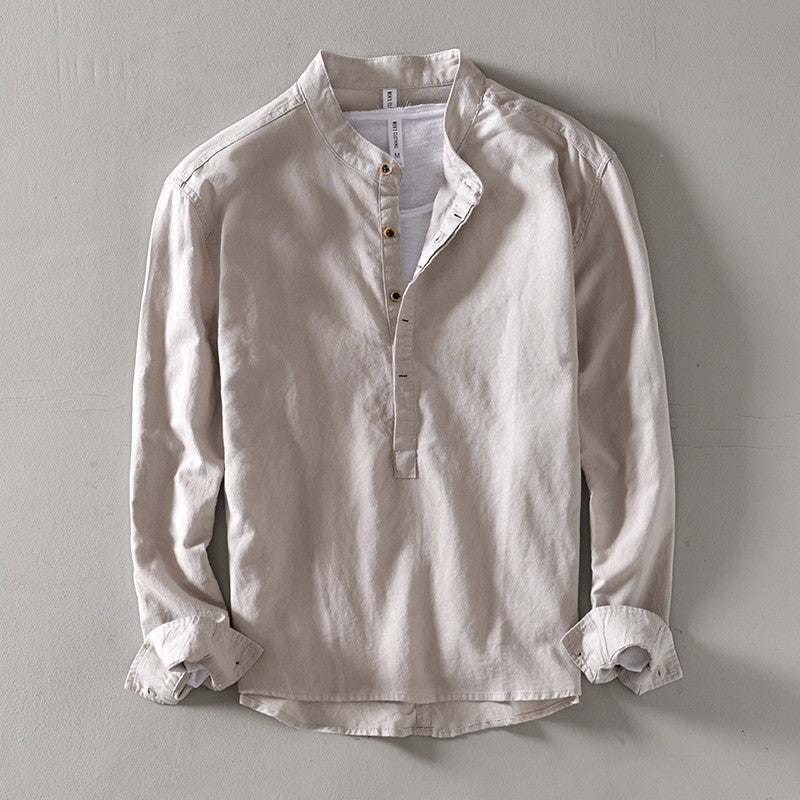 2024 Men's Linen Long-sleeved Shirt with Stand Collar, Youth Casual Loose Men's Cotton and Linen White Shirt.Beach Vacation Top
