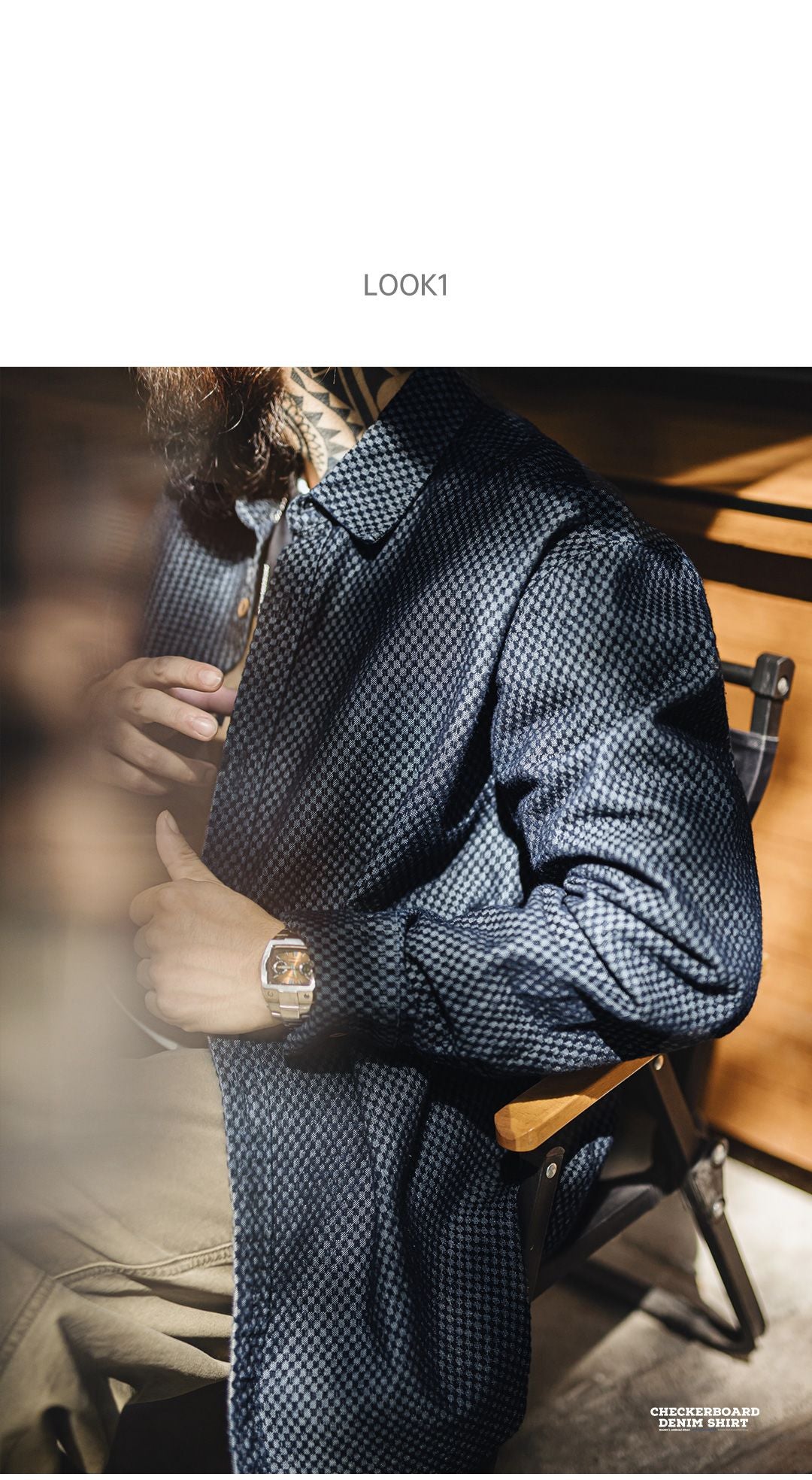 Maden Retro Checkered Long-sleeved Denim Shirt Loose Lapel Single-breasted Jacket for Men Spring and Fall Versatile Outerwear