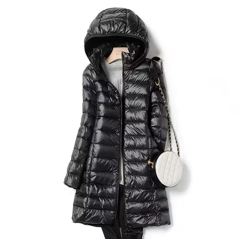 Women's X-long Office Lady Hat Detachable Puffer Jackets 2025 New Arrival Autumn Winter White Duck Down Warm Coat
