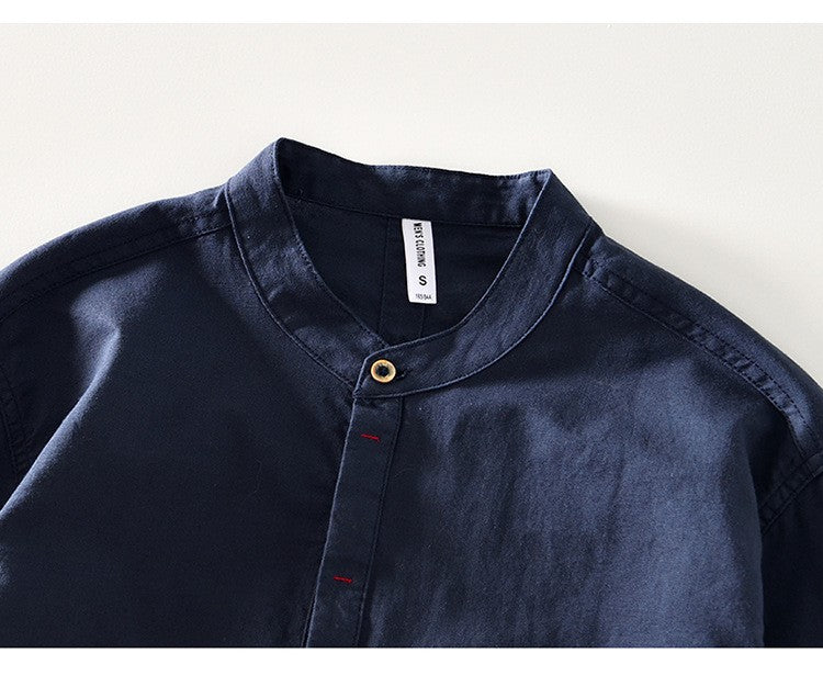 2024 Men's Linen Long-sleeved Shirt with Stand Collar, Youth Casual Loose Men's Cotton and Linen White Shirt.Beach Vacation Top