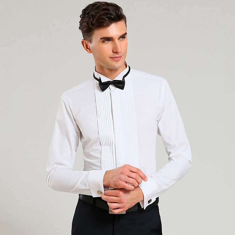 Classic Winged Collar Dress Shirt Men's Wingtip Tuxedo Formal Shirts with Red Black Bow Tie Party Dinner Wedding Bridegroom Tops