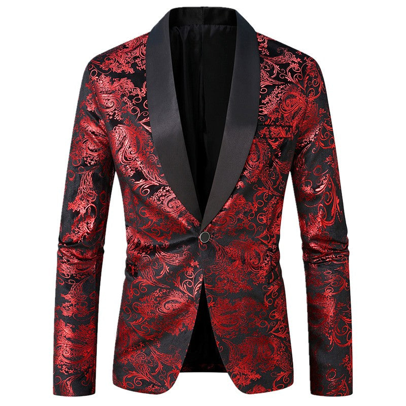 Men's Purple Print Suit Jacket Burgundy Long Sleeve Black Collar Single Button Coat for Wedding Party Stage Performance