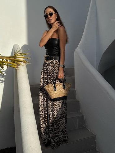 UNIZERA Leopard Satin with Belt High Waisted Trousers Wide Leg Pants Women's Clothing 2025 Summer New Arrivals Casual Pants