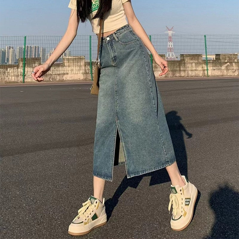 Summer New High-waist Slit Denim Skirt For Women Washed Retro A- line Skirt Hip-