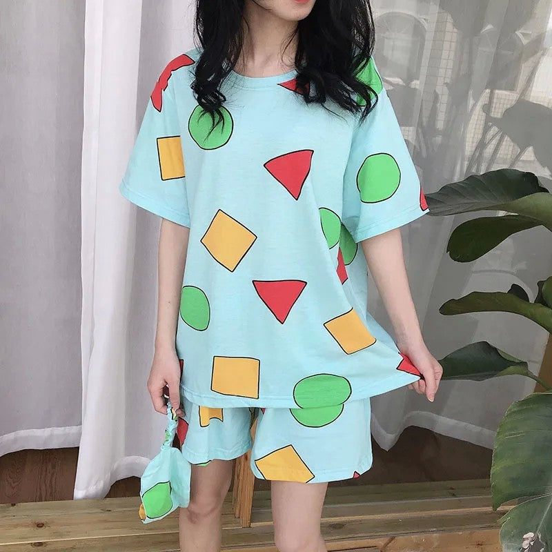 Japanese pajamas women's short-sleeved crayons Xiaoxin round neck with Korean loungewear trousers two-piece set