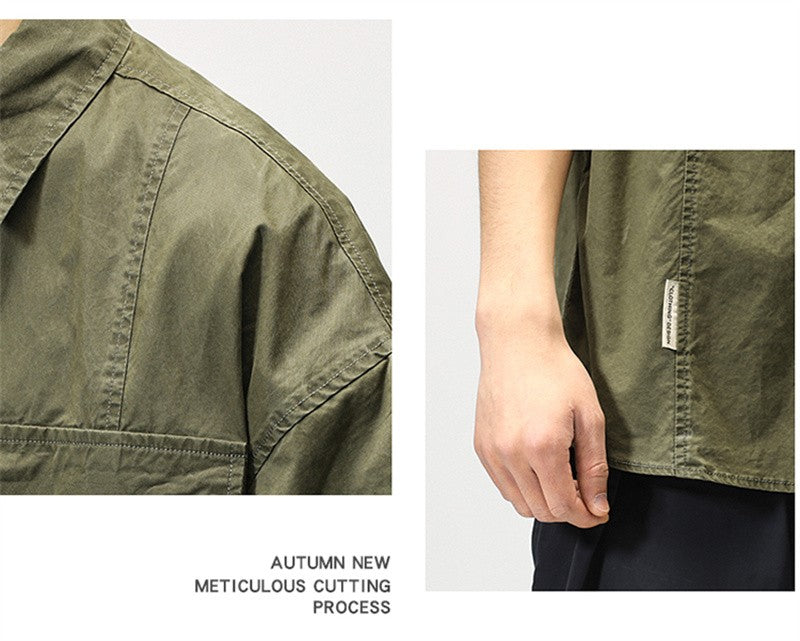 Summer Japanese Cargo Short Sleeve Shirt Men's Pockets Button Turn-down Collar Shirts Fashion Casual Cardigan blouses Tops