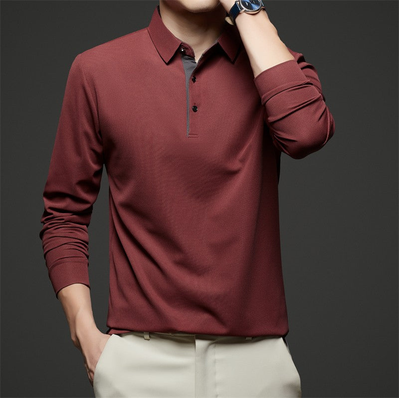 New Men's Business Casual Long Sleeve Solid Color Polo Shirt Fashionable Warm Comfortable Four Seasons Versatile Top