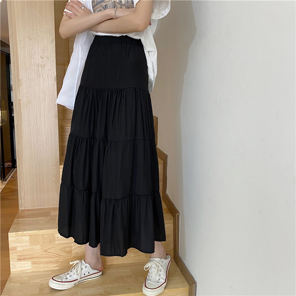 Spring Summer Women Chiffon Skirts Vintage High Waist Elastic Patchwork White Bl