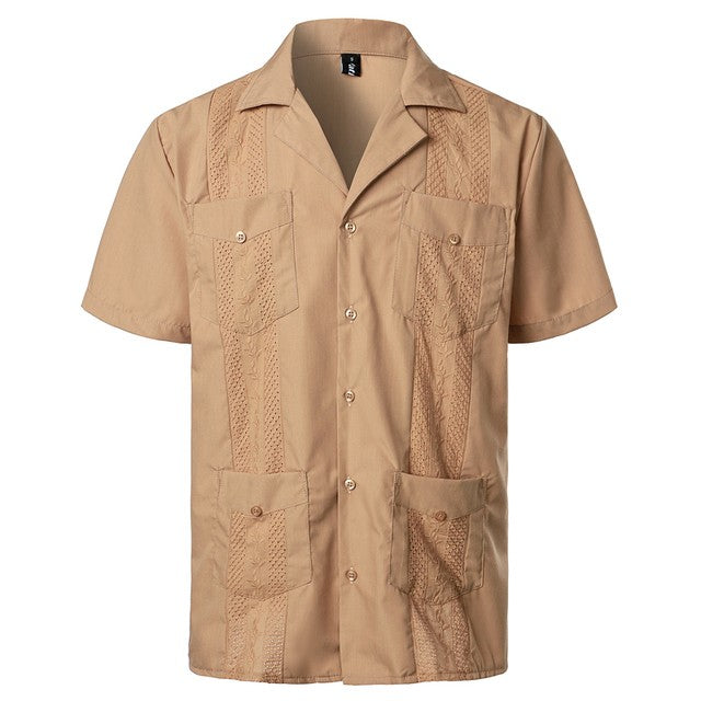 Men's Traditional Cuban Camp Collar Guayabera Shirts Short Sleeve Embroidered Mexican Caribbean Style Beach Shirts with 4 Pocket