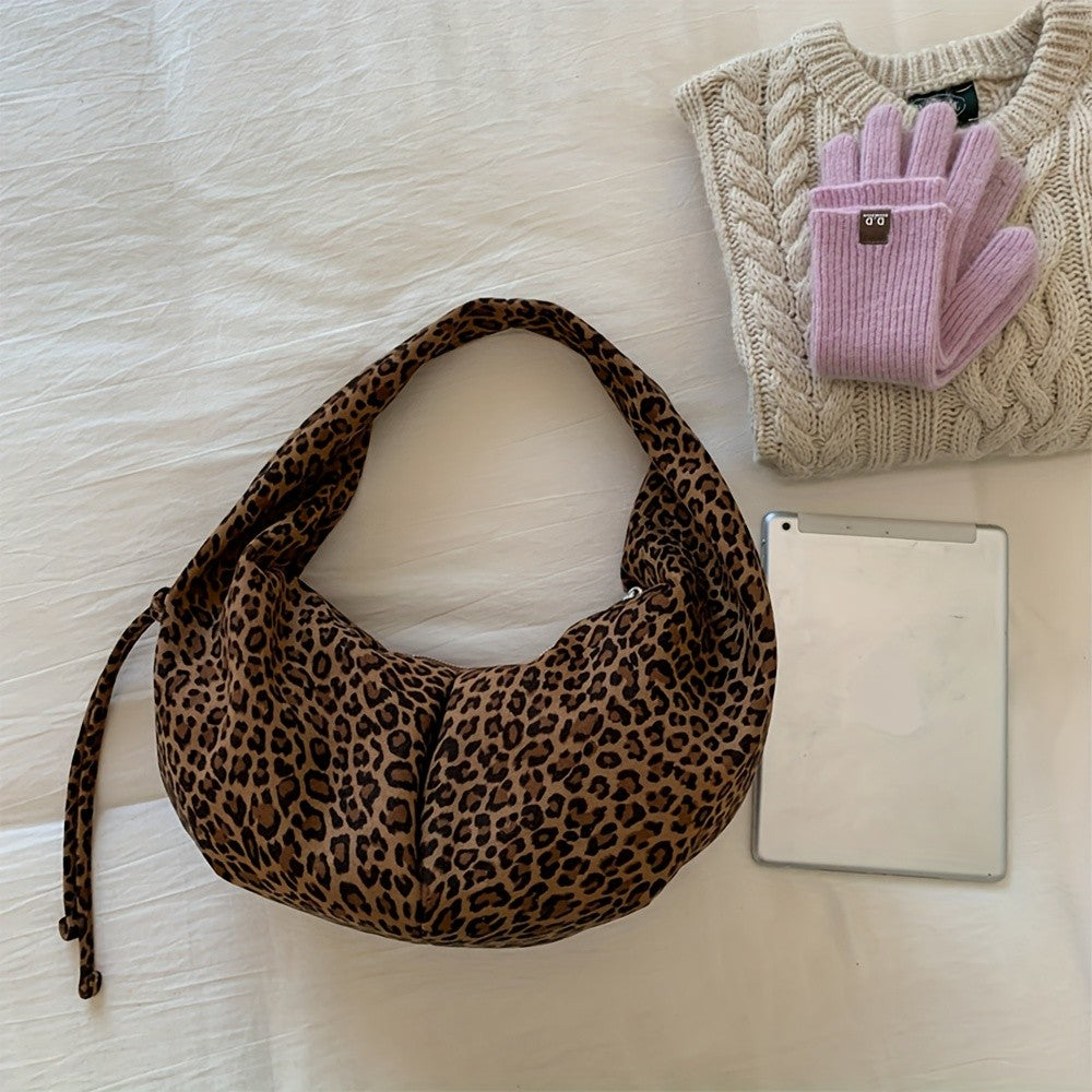Retro Suede Leopard Print Saddle Bag for Women, Trendy Autumn and Winter Fashion, Underarm Bag, Large Capacity Handbag