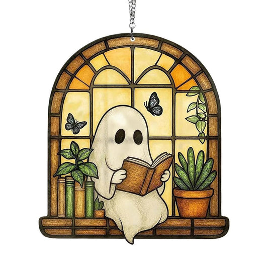 Halloween Ghost Reading Book Acrylic Hanging Ornament Colorful Window Decor for Home Bedroom Living Room Party Decoration