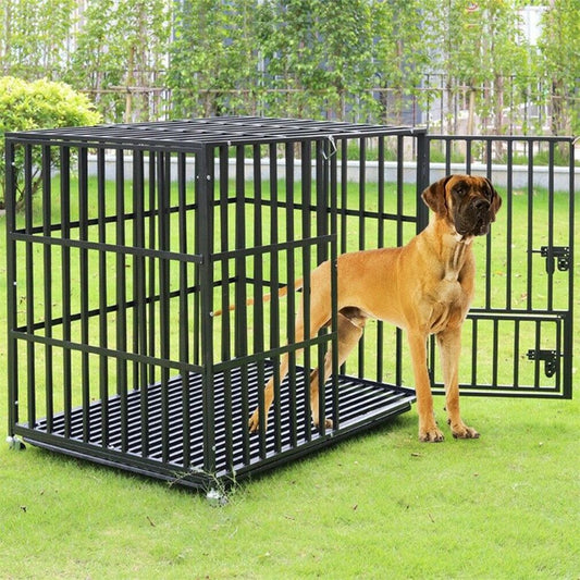 Caixa Grande Reforçada para Cães XXL Gaiola Resistente para Animais de Estimação Tubo Quadrado de Metal Canil Cercadinho com Rodas Traváveis e Bandeja