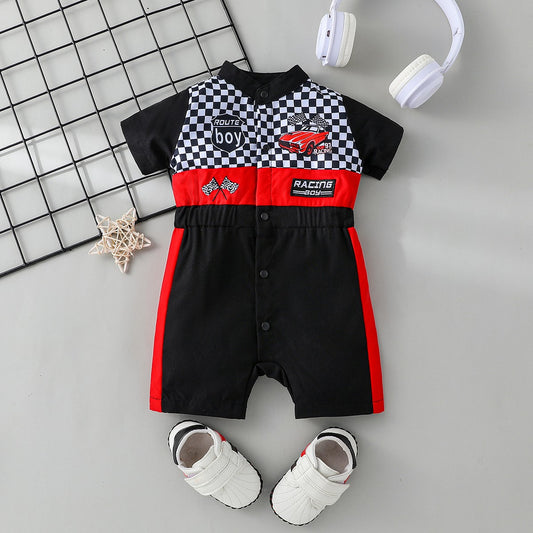 Newborn Baby Boy Styling Suit Mini Racer Outfit with Embroidered Stand Collar and Zipper Denim Overalls